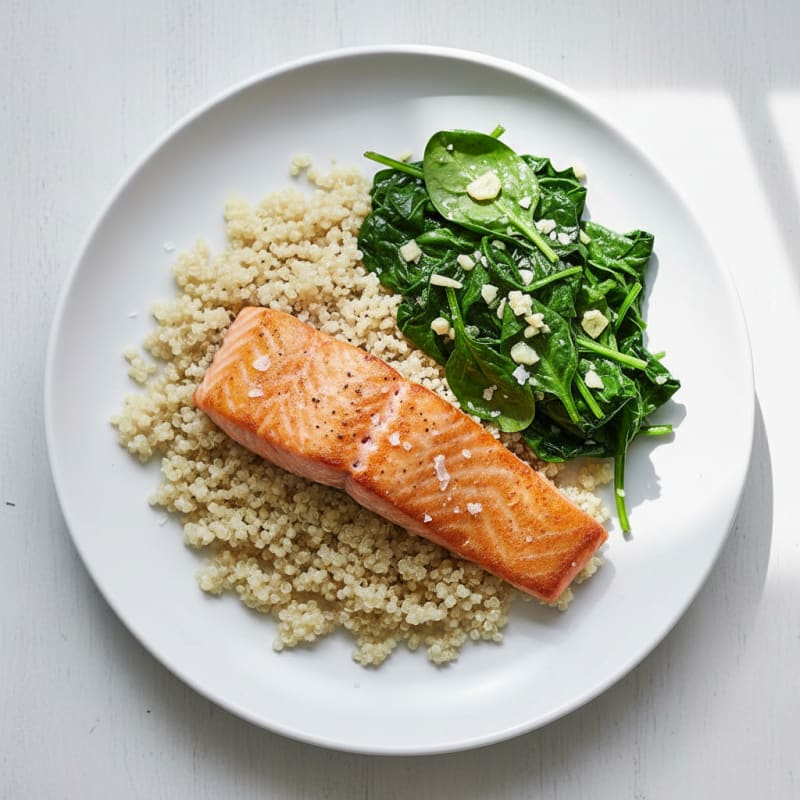 Seared Salmon Fillet with Quinoa and Garlic Sautéed Spinach