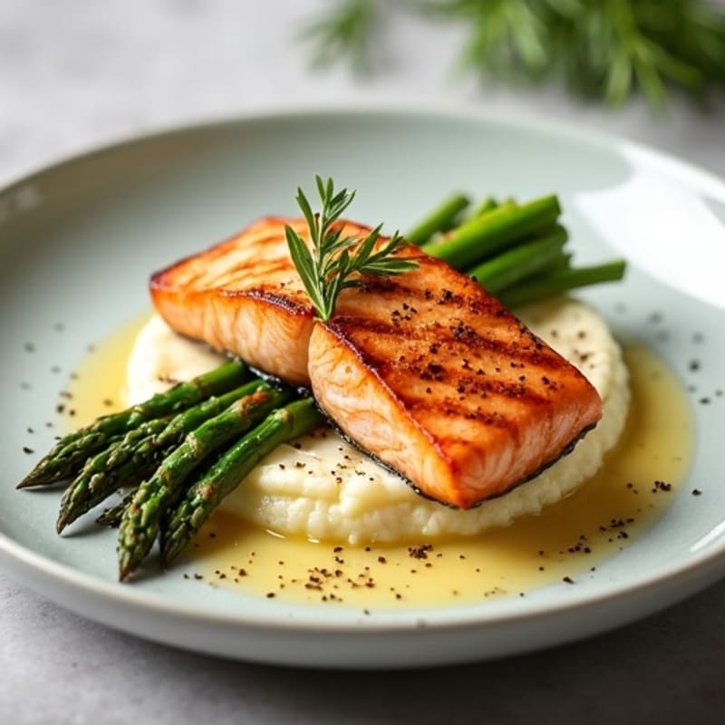 Seared Salmon with Roasted Asparagus and Cauliflower Mash