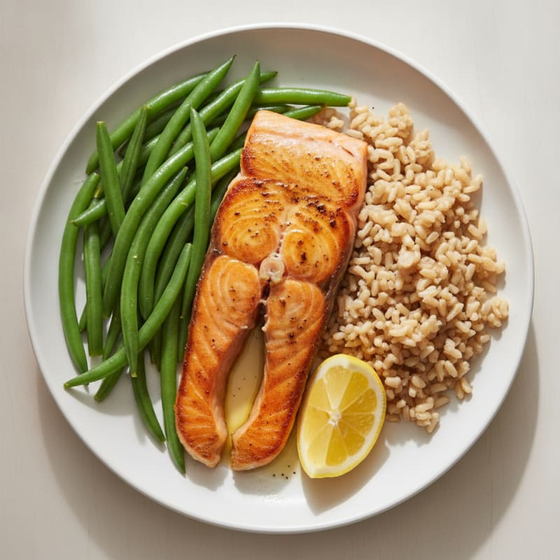 Seared Salmon Fillet with Steamed Green Beans and Brown Rice