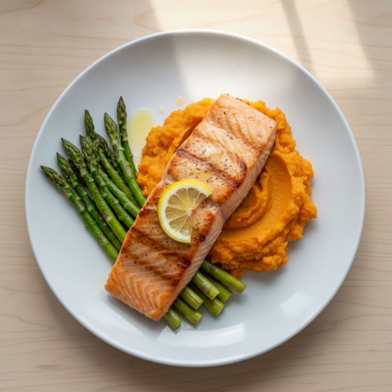 Seared Salmon Fillet with Roasted Asparagus and Sweet Potato Mash