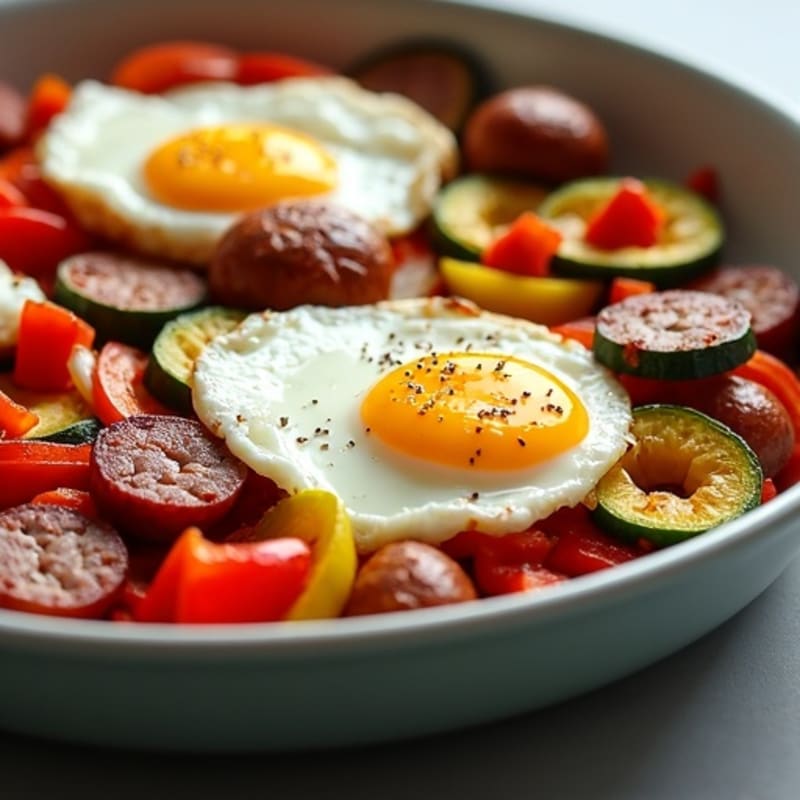 Sheet Pan Roasted Sausage and Colorful Vegetables with Eggs