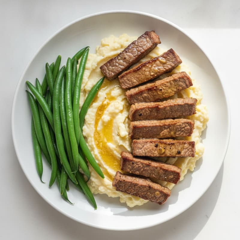 Seared Lean Beef Strips with Steamed Green Beans and Garlic Mashed Cauliflower