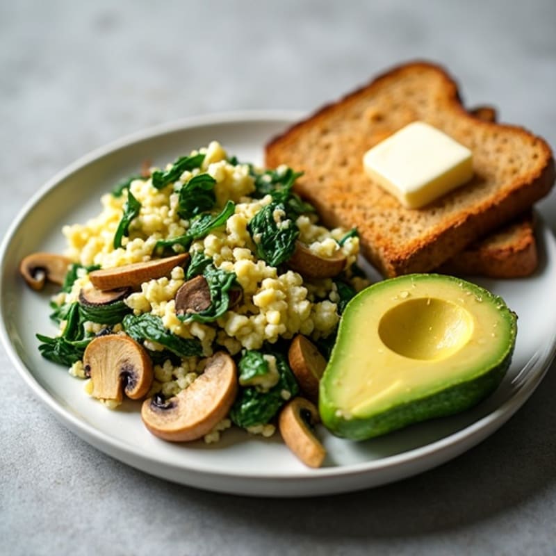 Egg White Spinach Scramble with Cottage Cheese and Sautéed Mushrooms (with Toast & Avocado)