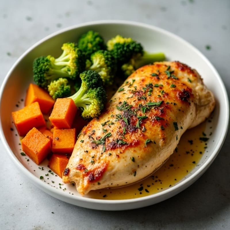 Crispy Lemon Herb Roasted Chicken with Roasted Sweet Potatoes and Broccoli