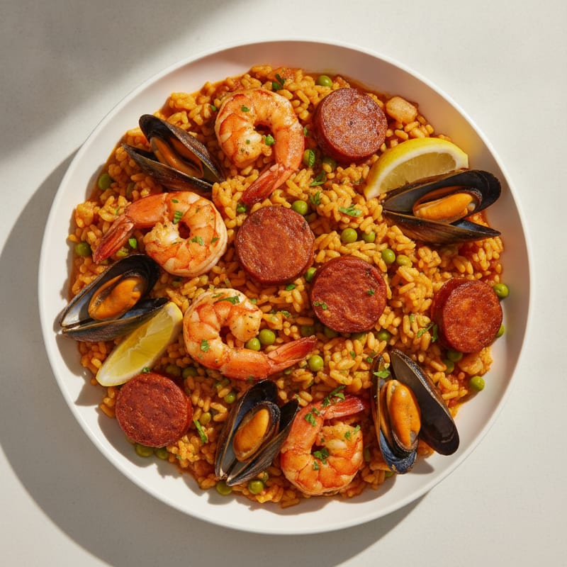 Saffron Seafood Paella with Chorizo