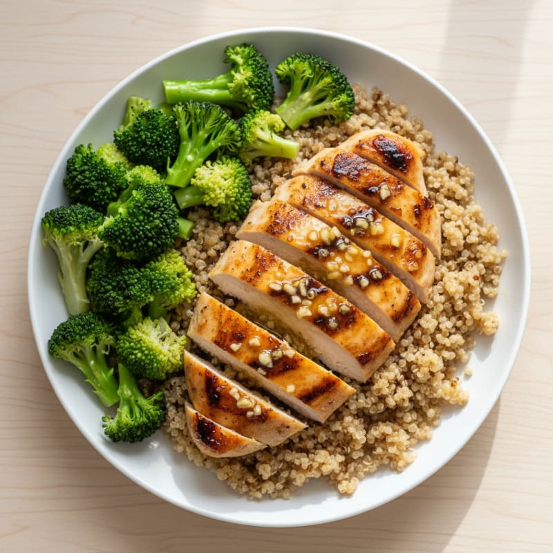 Grilled Lemon-Garlic Chicken Breast with Quinoa and Steamed Broccoli