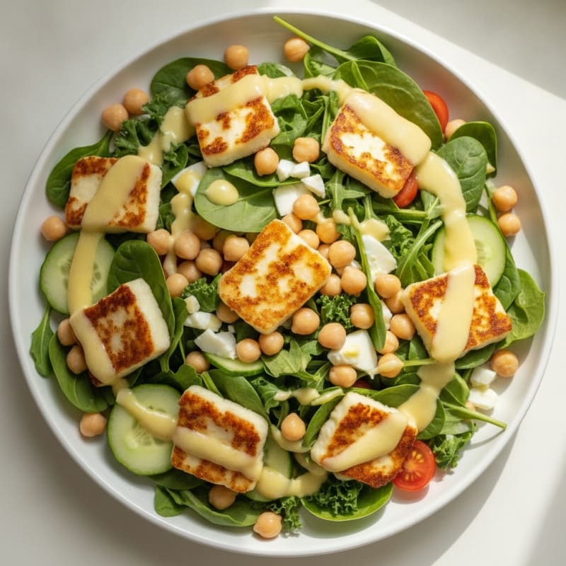 Grilled Halloumi and Chickpea Salad with Lemon Yogurt Dressing