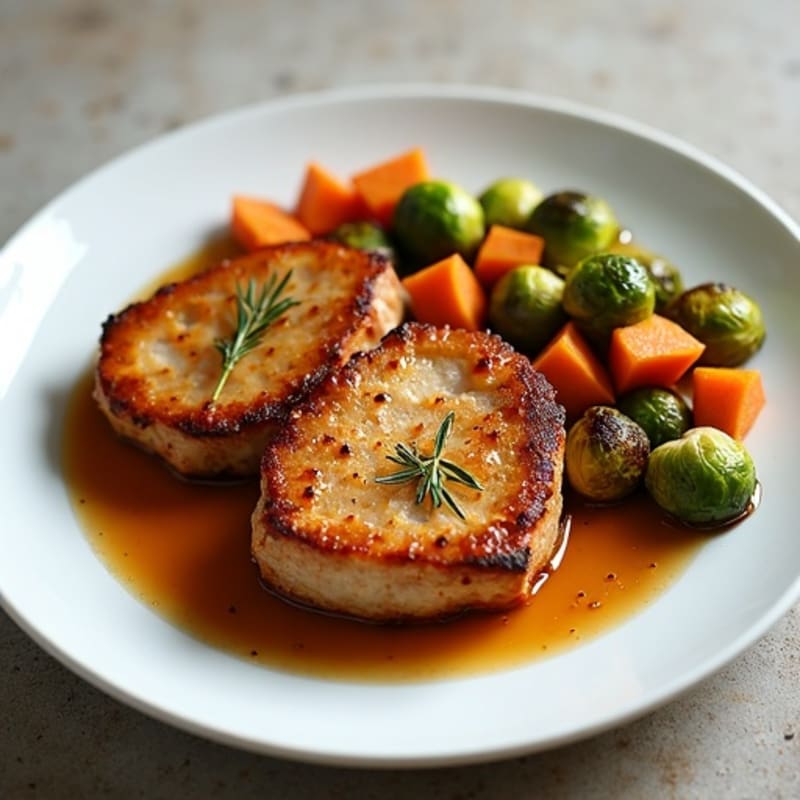 Apple Cider Glazed Pork Chops with Roasted Sweet Potatoes and Crispy Brussels Sprouts