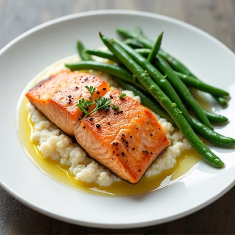 Seared Salmon with Steamed Green Beans and Cauliflower Mash