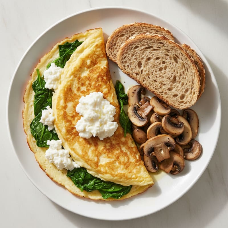 Egg White Spinach Omelette with Cottage Cheese and Sautéed Mushrooms