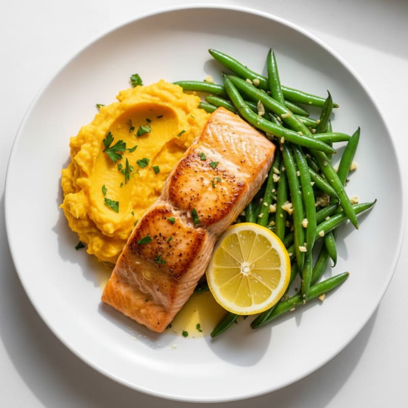 Seared Salmon with Garlic Green Beans and Sweet Potato Mash