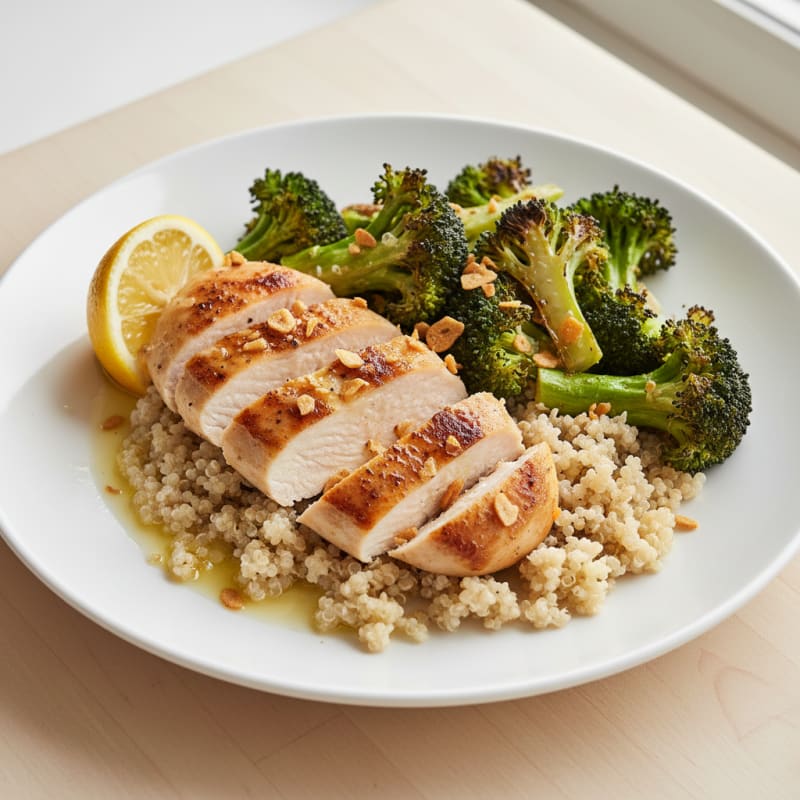 Seared Chicken Breast with Roasted Broccoli and Quinoa