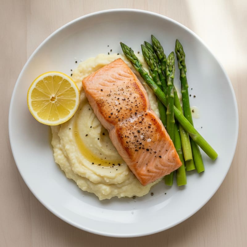 Seared Salmon Fillet with Steamed Asparagus and Garlic Cauliflower Mash