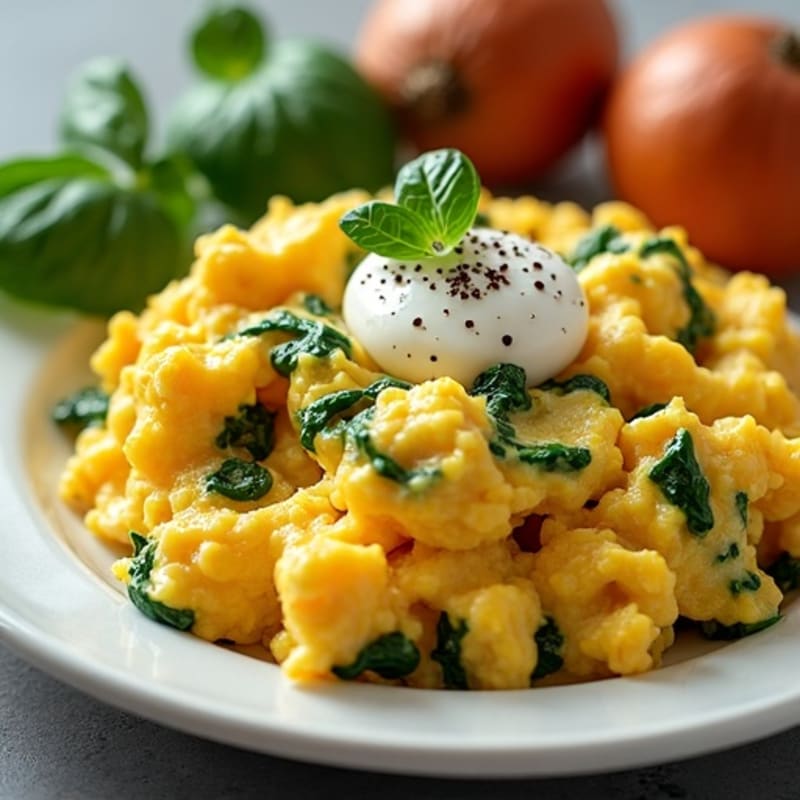 Fluffy Scrambled Eggs with Fresh Spinach and Roasted Sweet Potatoes