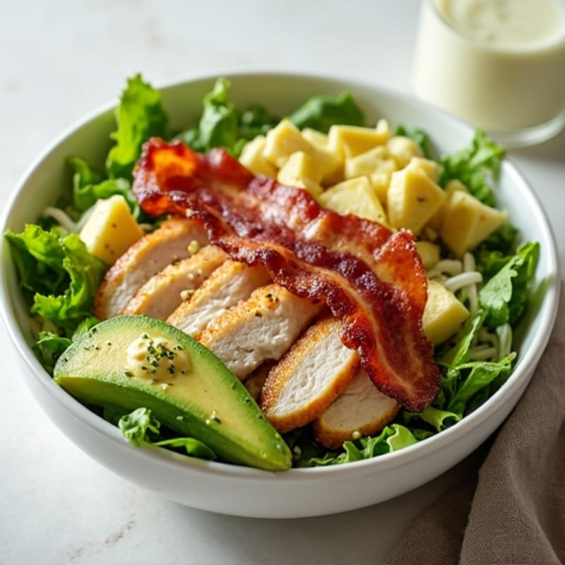 Crispy Turkey Bacon and Roasted Chicken Salad with Fresh Greens and Creamy Avocado Dressing