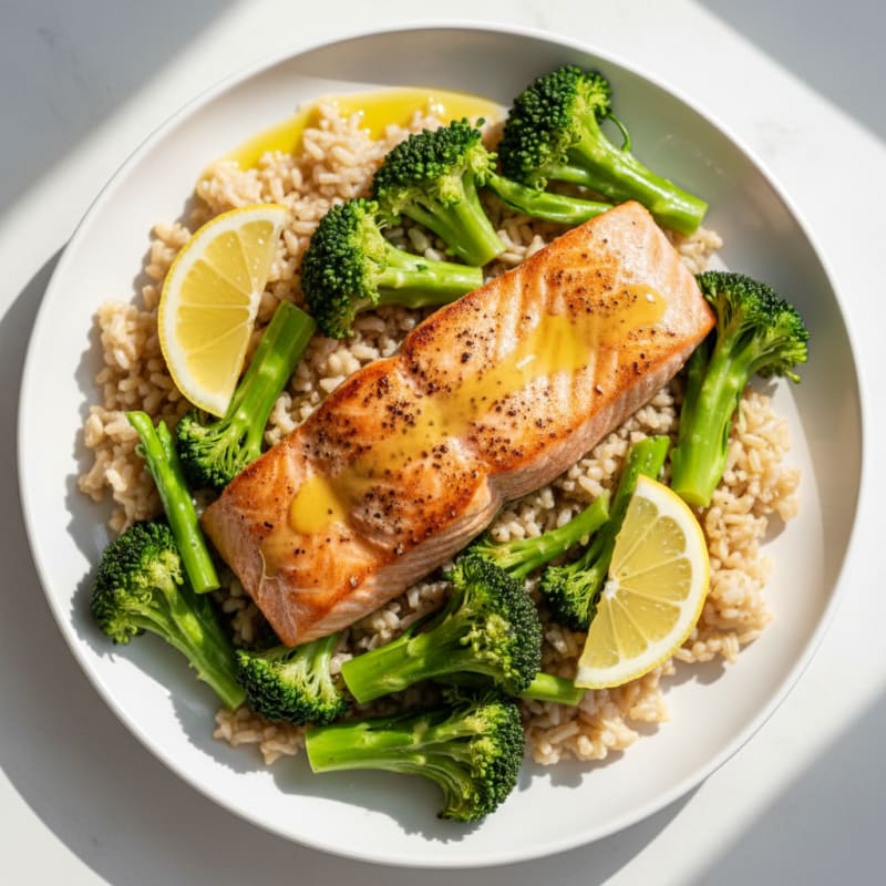 Seared Salmon with Steamed Broccoli and Brown Rice