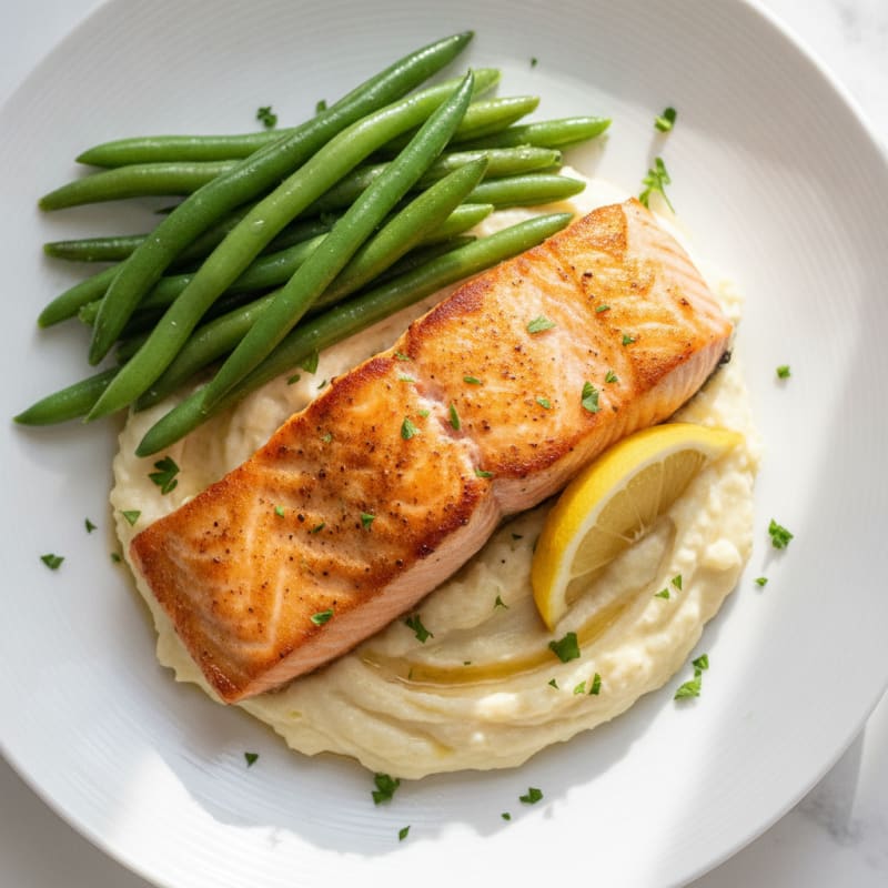 Seared Salmon with Steamed Green Beans and Mashed Cauliflower