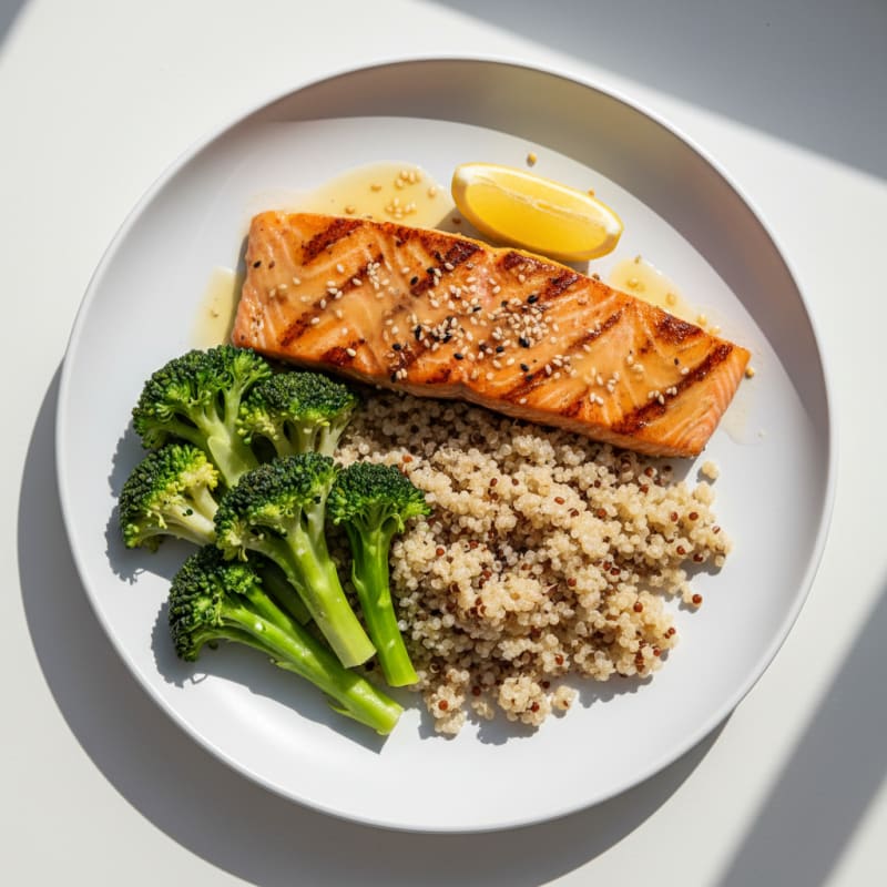 Seared Salmon with Steamed Broccoli and Quinoa
