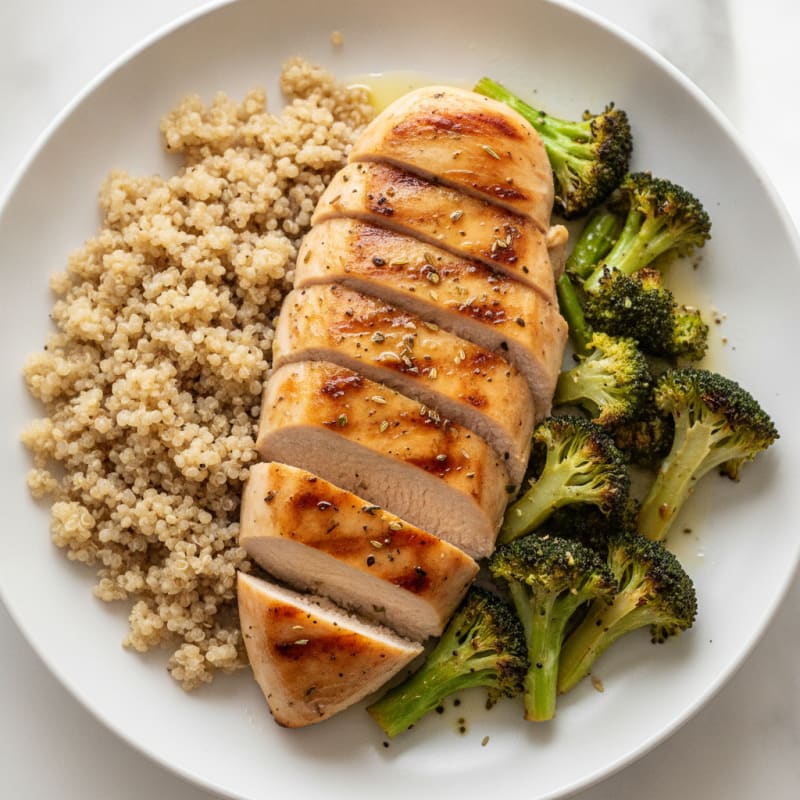 Grilled Lemon Herb Chicken Breast with Roasted Broccoli and Quinoa