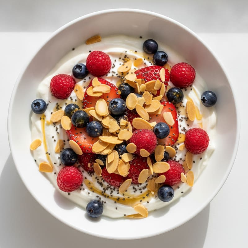 Silky Greek Yogurt Bowl with Chia Seeds, Almonds, and Mixed Berries