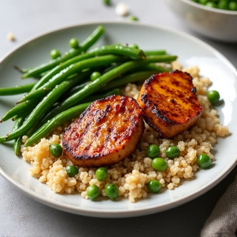 Grilled Seitan with Quinoa and Garlic Green Beans