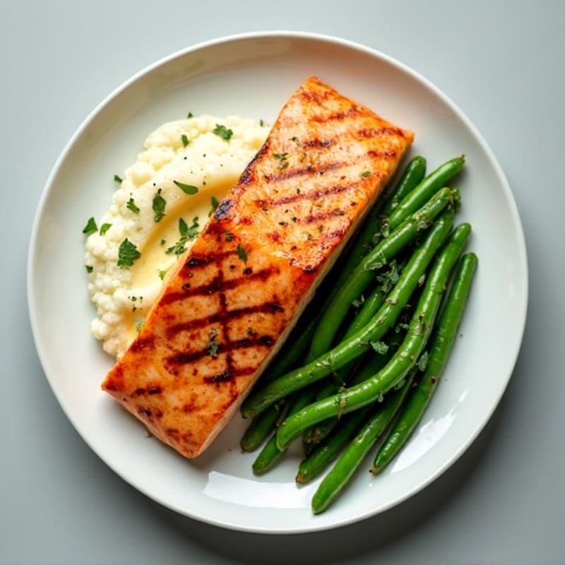 Grilled Salmon with Steamed Green Beans and Cauliflower Mash