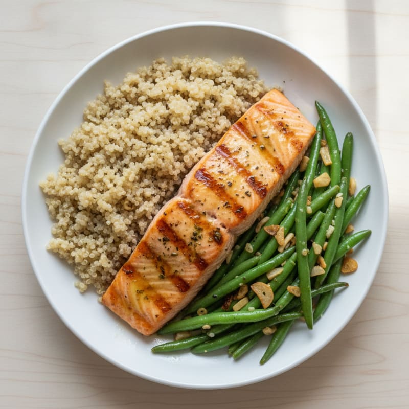 Grilled Salmon with Garlic Green Beans and Quinoa