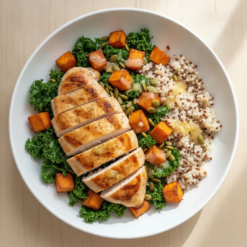 Grilled Chicken and Quinoa Bowl with Roasted Sweet Potatoes