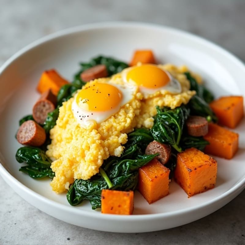 Egg White and Turkey Sausage Scramble with Spinach and Roasted Sweet Potato