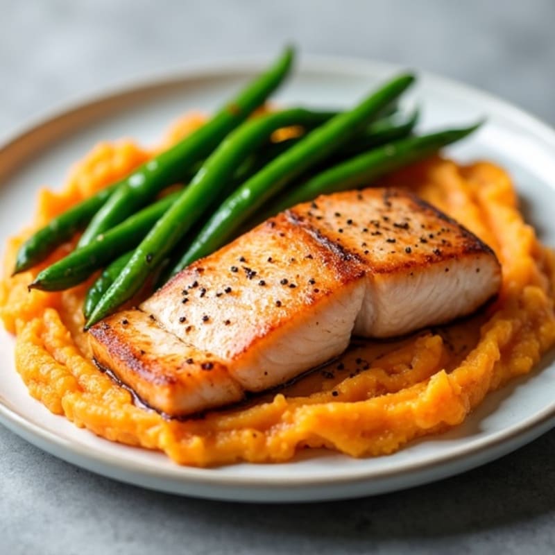 Seared Salmon with Steamed Green Beans and Sweet Potato Mash