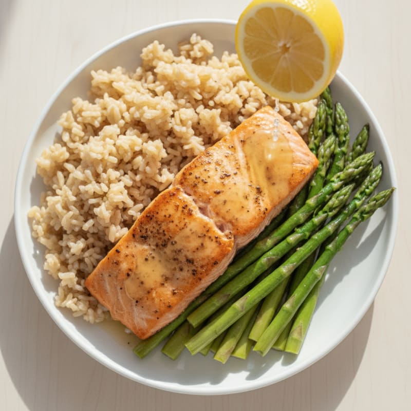 Seared Salmon Filet with Steamed Asparagus and Brown Rice
