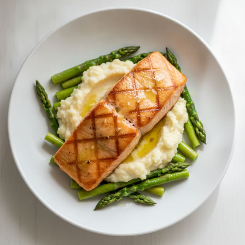 Seared Salmon with Steamed Asparagus and Cauliflower Mash