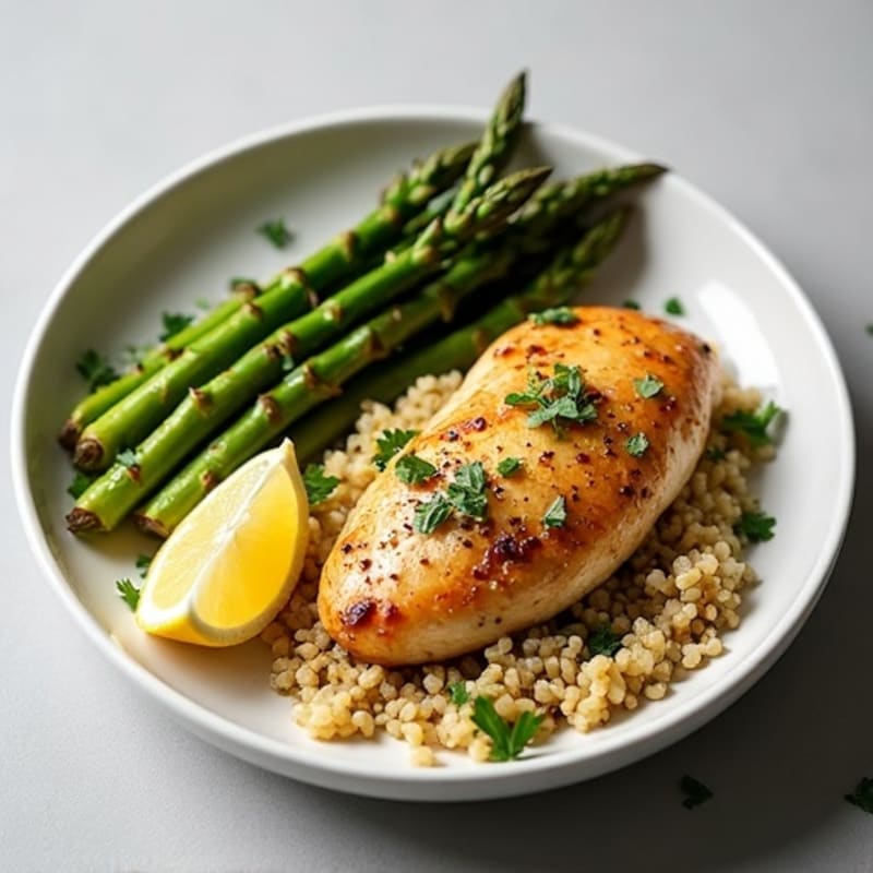 Lemon-Herb Roasted Chicken with Crispy Roasted Asparagus and Fluffy Quinoa