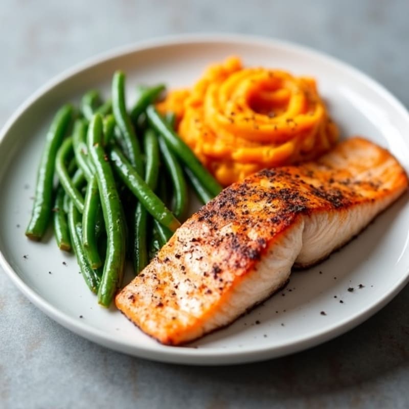 Seared Salmon with Steamed Green Beans and Sweet Potato Mash