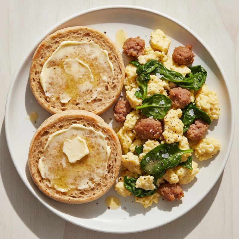 High-Protein Toasted English Muffins with Butter and Turkey Scramble