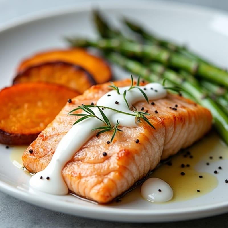 Seared Salmon Fillet with Roasted Sweet Potatoes and Asparagus