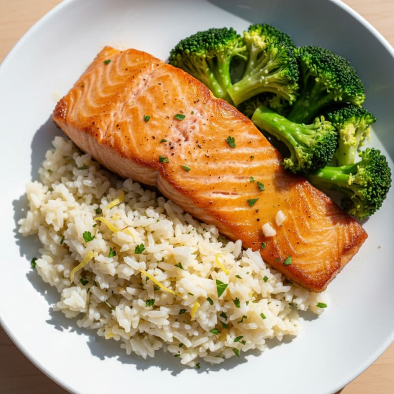 Seared Salmon with Steamed Broccoli and Lemon Rice