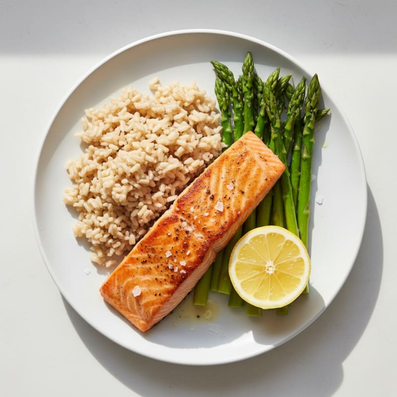 Seared Salmon Fillet with Steamed Asparagus and Brown Rice