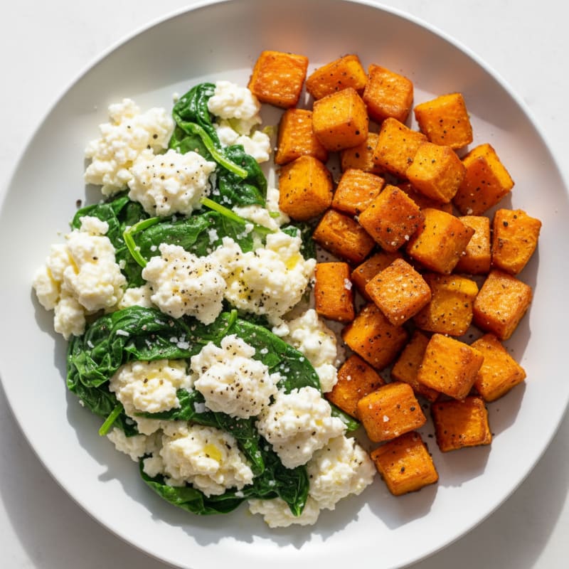 Egg White and Spinach Scramble with Cottage Cheese and Roasted Sweet Potato