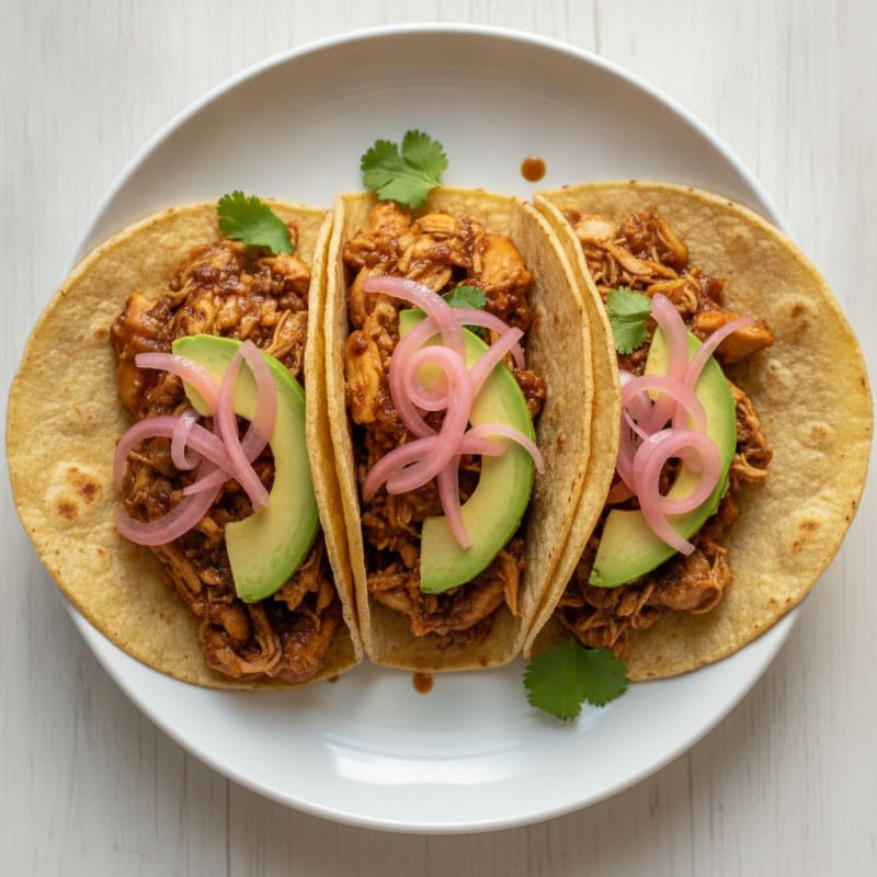 Chicken Adobo Tacos with Pickled Onions