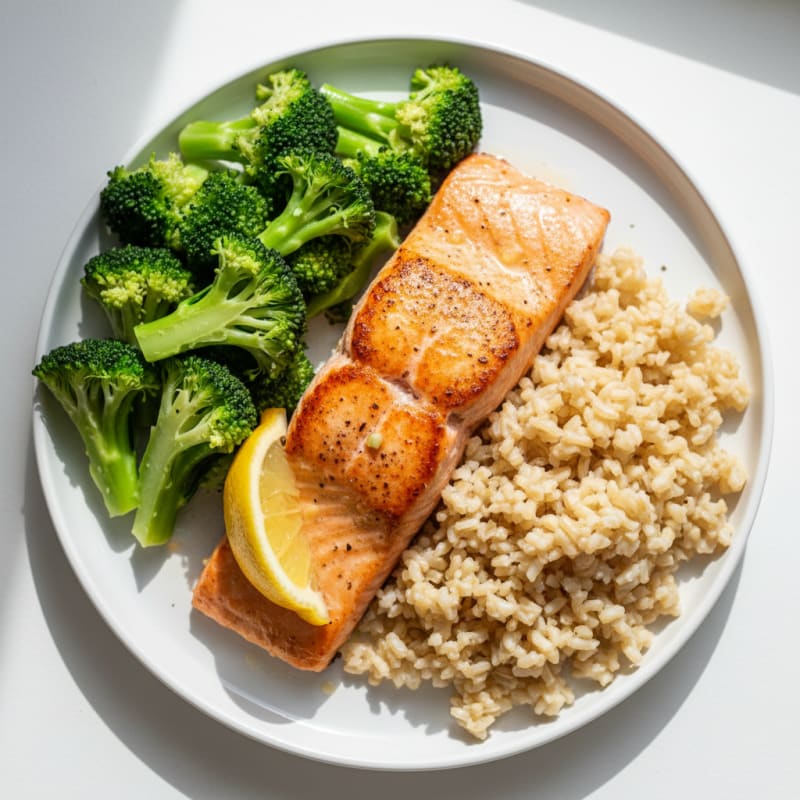 Seared Salmon with Steamed Broccoli and Brown Rice