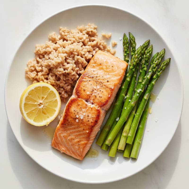 Seared Salmon Fillet with Steamed Asparagus and Brown Rice