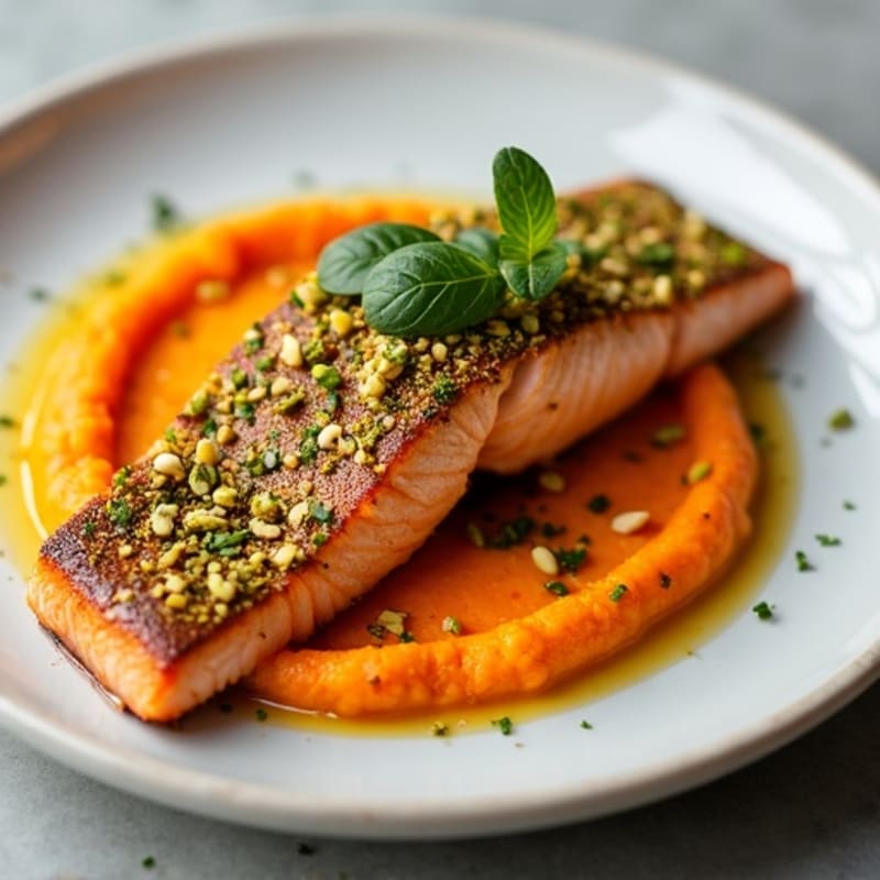 Pistachio-Crusted Salmon with Creamy Sweet Potato Puree