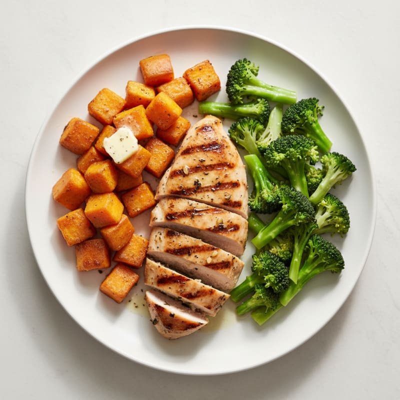 Grilled Chicken Breast with Roasted Sweet Potato and Steamed Broccoli