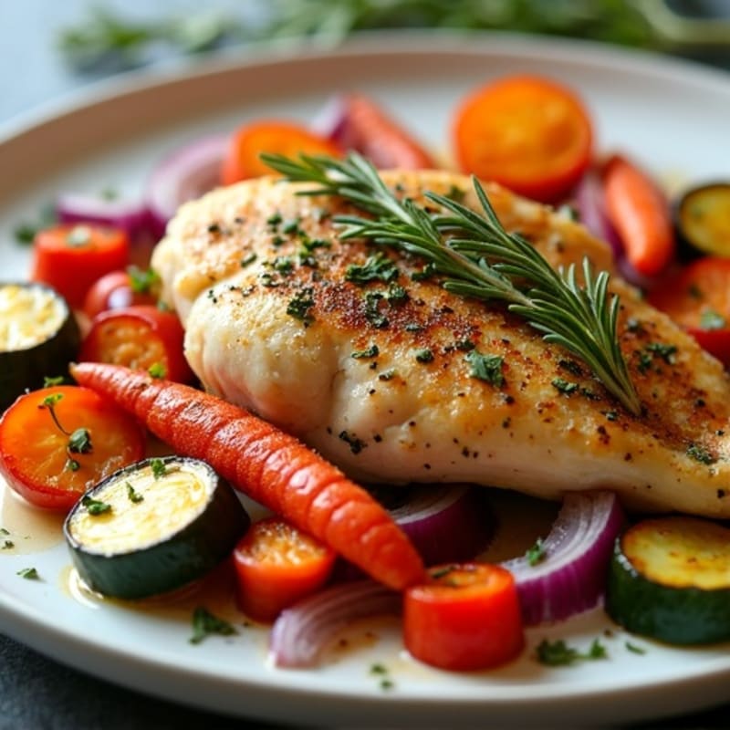 Herb-Crusted Sheet Pan Chicken with Roasted Rainbow Vegetables
