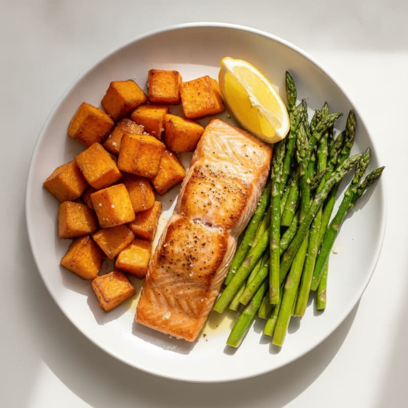 Seared Salmon with Roasted Sweet Potato and Asparagus