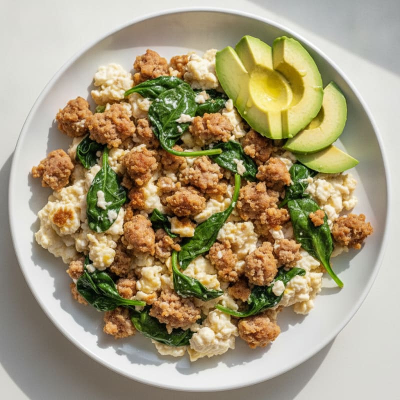 Scrambled Egg Whites with Turkey Sausage and Sautéed Spinach