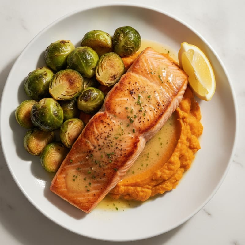 Seared Salmon with Roasted Brussels Sprouts and Sweet Potato Mash