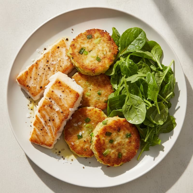 Pan-Seared Cod and Potato Cakes with Greens