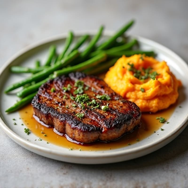 Seared Sirloin Steak with Garlic Green Beans and Mashed Sweet Potatoes